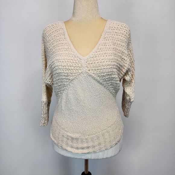 Sparrow Sweater Size M V-Neck Dolman Sleeve Open Knit Cream Beach Anthropologie - Picture 1 of 14